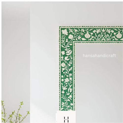 Green Floral Rectangle Bone Inlay Mirror / Handcrafted Floral Pattern Mirror / Decorative Wall Mirror with Intricate Inlay Design-hansa handicraft