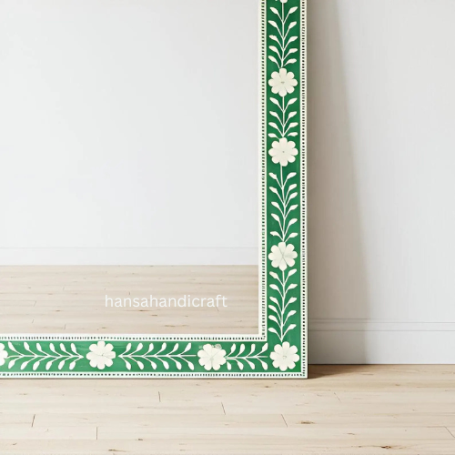 Handcrafted Floral Pattern Mirror / Green Floral Rectangle Bone Inlay Mirror / Decorative Wall Mirror with Intricate Inlay Design-hansa handicraft - Hansa Handicraft