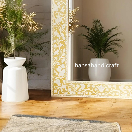 Rectangle Bone Inlay Mirror / Floral Pattern Handcrafted Mirror / Decorative Wall Mirror Inlay Design / Vintage-Inspired Jharokha Mirror-HANSA HANDICRAFT - Hansa Handicraft