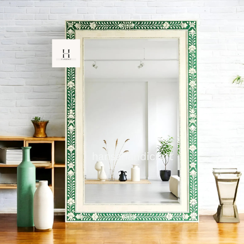 Vintage-Inspired Green Mirror with Bone Frame / Handcrafted Floral Pattern Mirror / Handcrafted Floral Decorative Pattern Mirror-hansa handicraft - Hansa Handicraft
