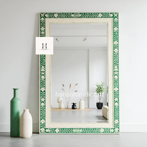 Vintage-Inspired Green Mirror with Bone Frame / Handcrafted Floral Pattern Mirror / Handcrafted Floral Decorative Pattern Mirror-hansa handicraft - Hansa Handicraft