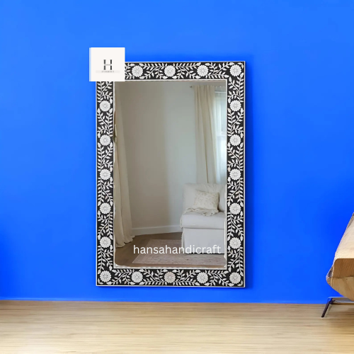 Black Mother of Pearl Floral Pattern Mirror | Handcrafted Decorative Wall Mirror | Elegant Statement Piece-HANSA HANDICRAFT