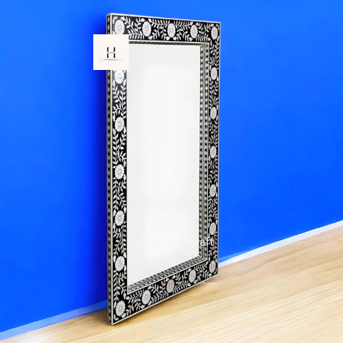 Black Mother of Pearl Floral Pattern Mirror | Handcrafted Decorative Wall Mirror | Elegant Statement Piece-HANSA HANDICRAFT