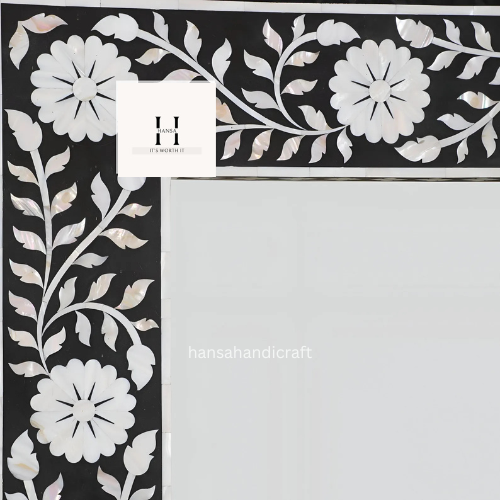 Black Mother of Pearl Floral Pattern Mirror | Handcrafted Decorative Wall Mirror | Elegant Statement Piece-HANSA HANDICRAFT