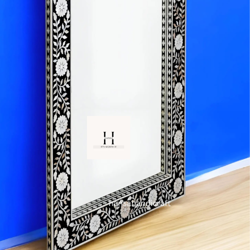 Black Mother of Pearl Floral Pattern Mirror | Handcrafted Decorative Wall Mirror | Elegant Statement Piece-HANSA HANDICRAFT
