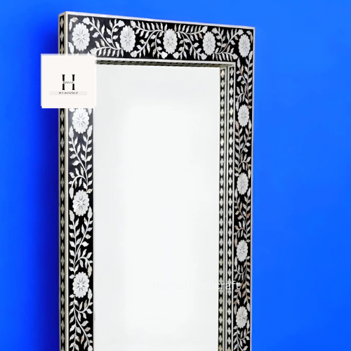 Black Mother of Pearl Floral Pattern Mirror | Handcrafted Decorative Wall Mirror | Elegant Statement Piece-HANSA HANDICRAFT