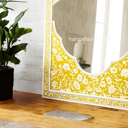 Bone Inlay Mirror Frame Handmade Decor Floral Design Wood Frame Entryway, Hallway, Living Room, Closet Mirror-HANSA HANDICRAFT - Hansa Handicraft