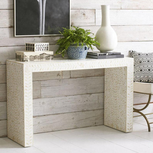 Handmade Floral Design in White Waterfall Bone Inlay Console Table | Unique Exotic Design for Entryway, Living Room, and Dining Room Decor - Hansa Handicraft