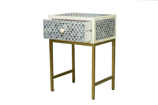 Handmade Bone Inlay Modern Fishscale Pattern Bedside Table with 1 Drawer for Home and Office Decor - Hansa Handicraft