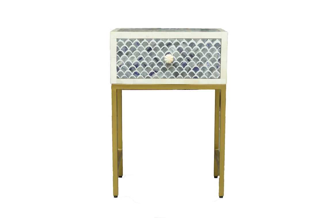Handmade Bone Inlay Modern Fishscale Pattern Bedside Table with 1 Drawer for Home and Office Decor - Hansa Handicraft
