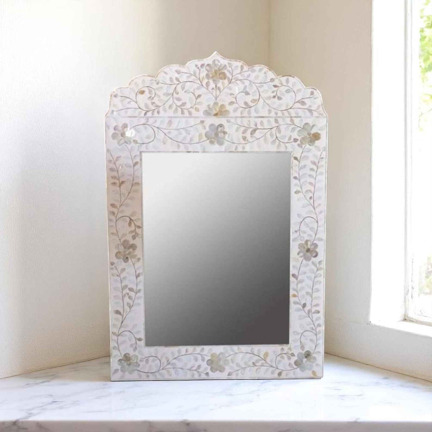 Handmade MOP Inlay Mirror Frame – Elegant Mother of Pearl Wall Decor by HANA EXPORTS