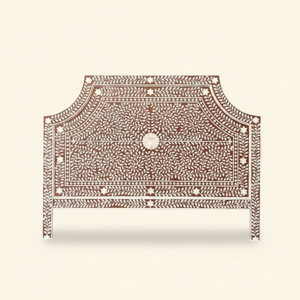 Handmade Bone Inlay Bed Headboard - Intricate Wood & Resin Design by Hansa Handicraft