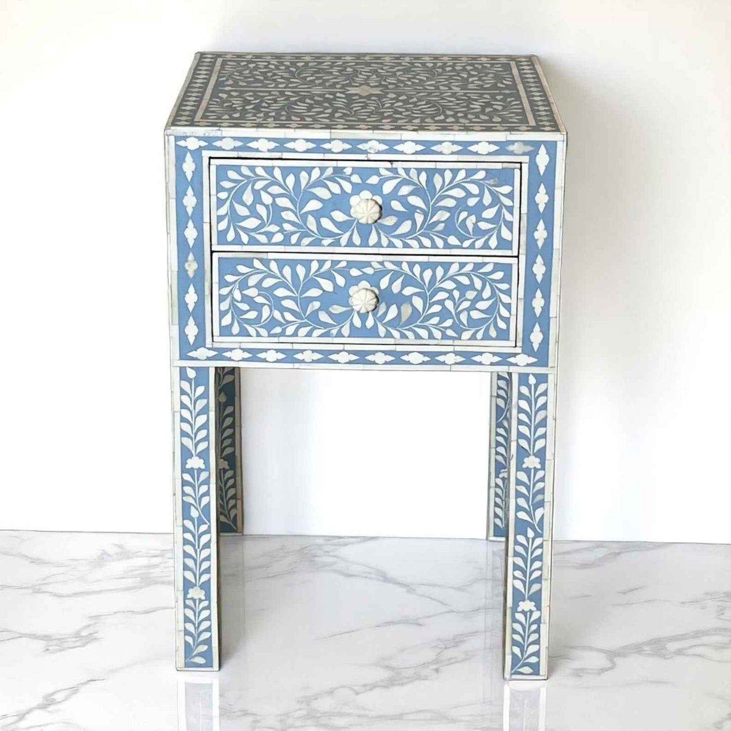 Handmade Bone Inlay Nightstand with 2 Drawers – Floral Bedside Table by Hana Exports