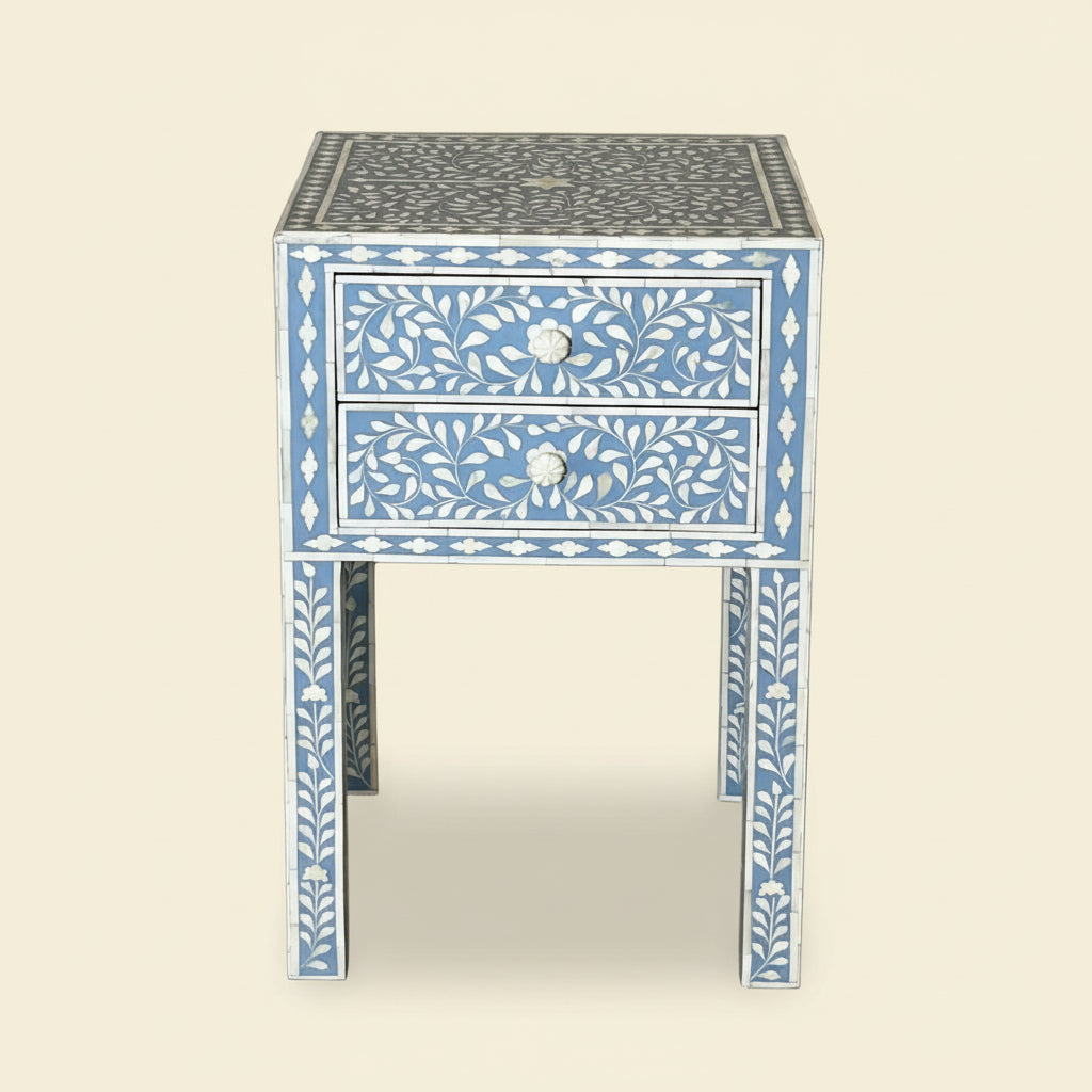 Handmade Bone Inlay Nightstand with 2 Drawers â Floral Bedside Table by Hana Exports