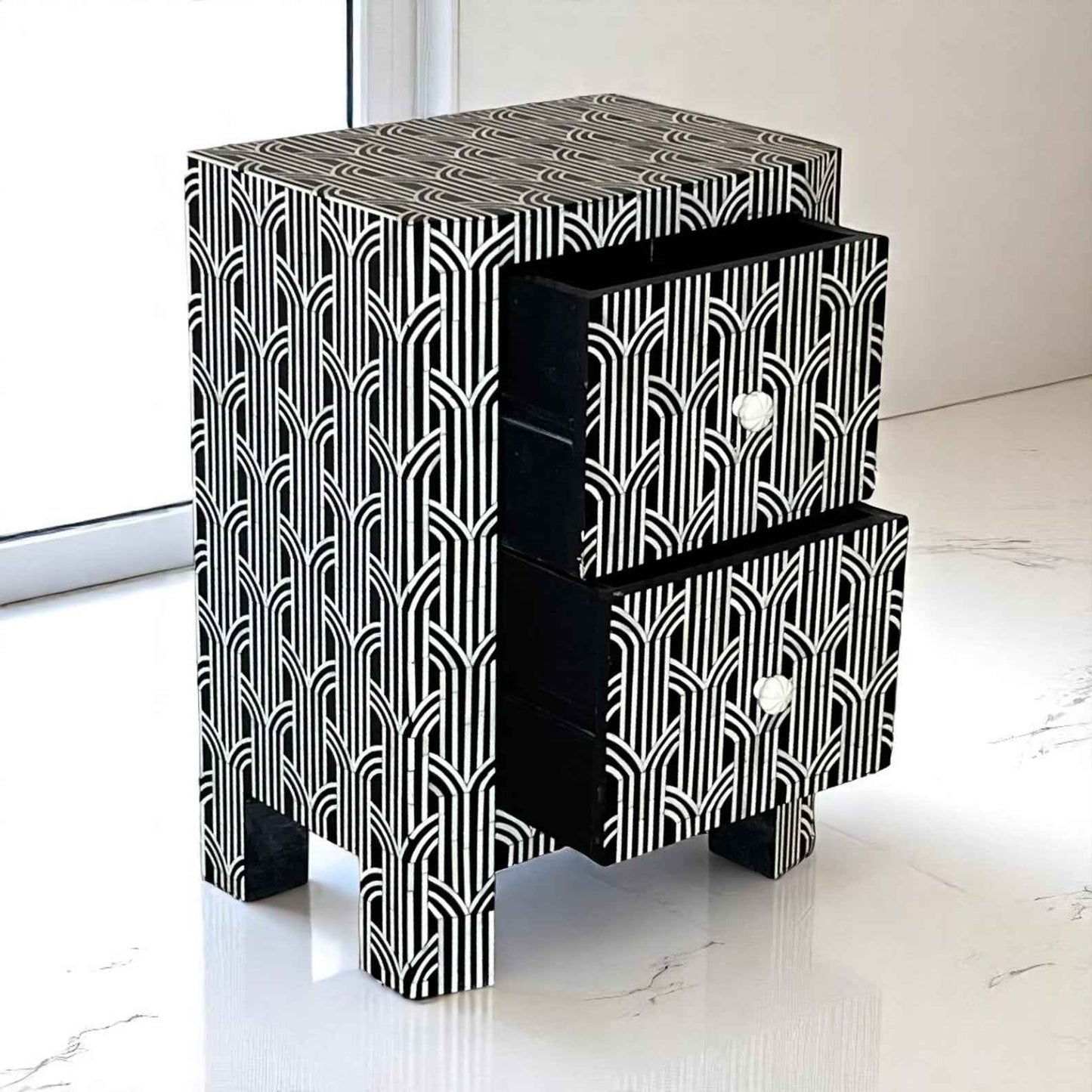 Handmade Bone Inlay Nightstand – 2 Drawer Floral Side Table by Hana Exports