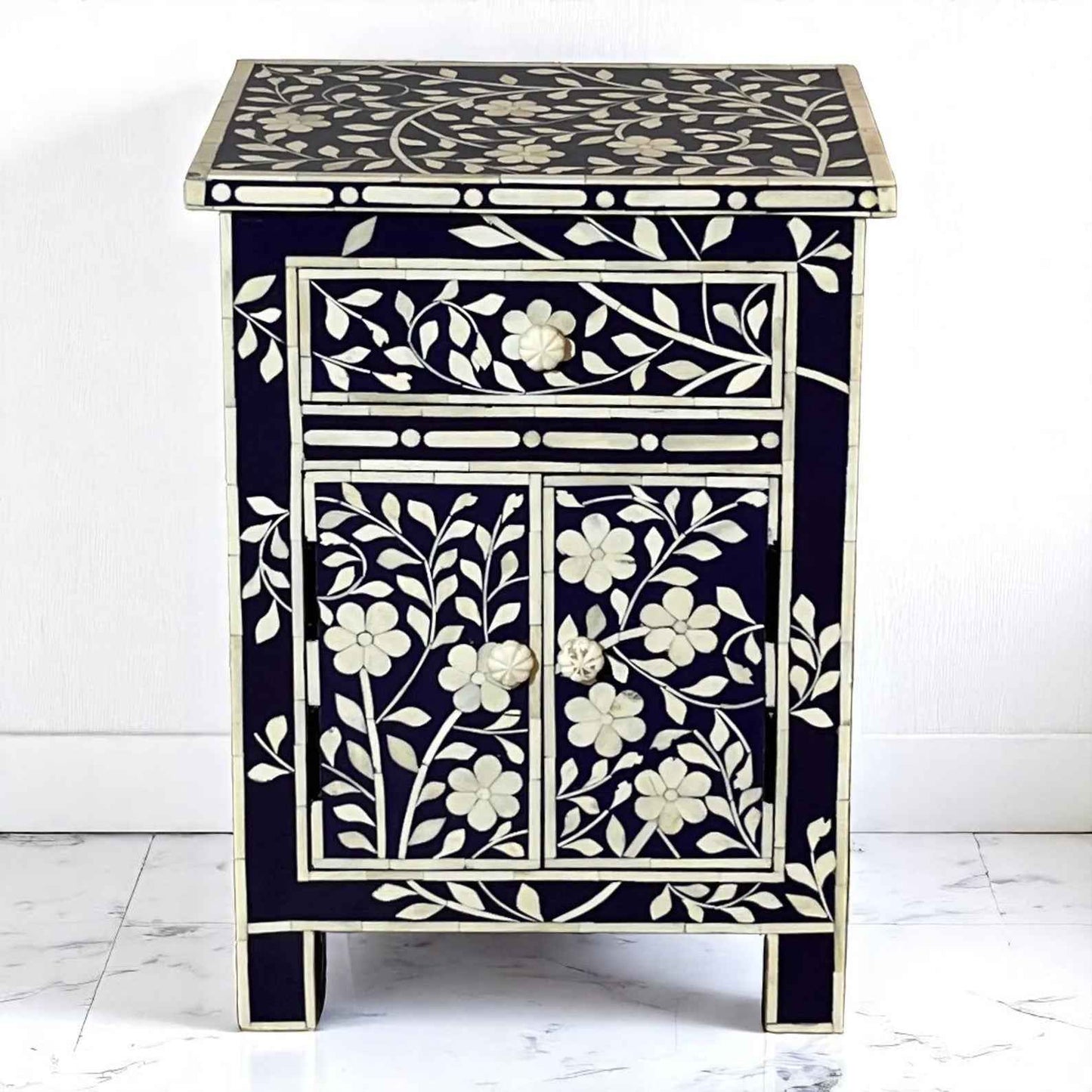 Handmade Bone Inlay Nightstand with Floral Pattern – 3-Drawer Side Table by HANA EXPORTS