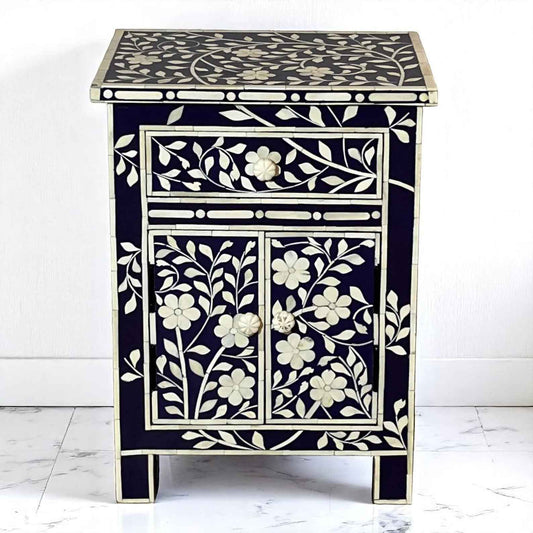 Handmade Bone Inlay Nightstand with Floral Pattern – 3-Drawer Side Table by HANA EXPORTS