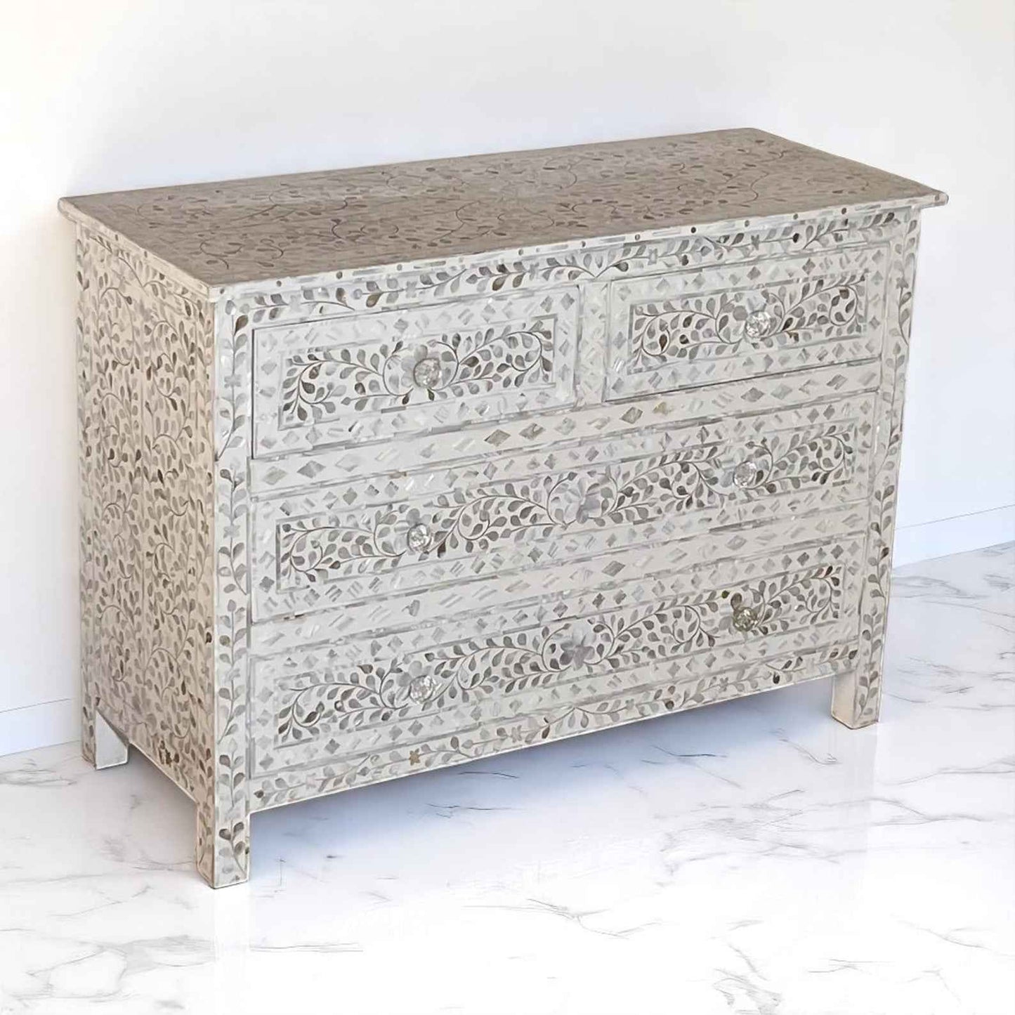 36" Handmade MOP Inlay Floral Sideboard – 3 Drawer Wooden Cabinet by HANA EXPORTS