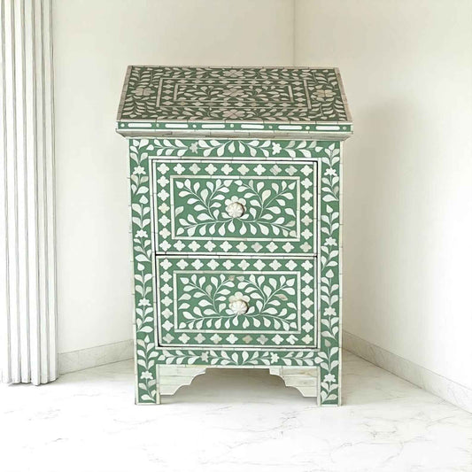 Handmade Bone Inlay Floral Nightstand – 3 Drawer Camel Bone Side Table by HANA EXPORTS