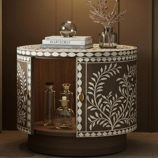 Handcrafted Bone Inlay Side Table with Bottle Storage | Elegant Wooden Bar Cabinet | Round End Table with Storage | Boho Accent Nightstand -hansa handicraft - Hansa Handicraft