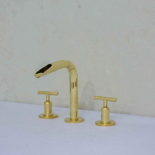 Handcrafted Unlacquered Brass Widespread Faucet | 3-Hole Waterfall Bathroom Sink Fixture – HANSA HANDICRAFT