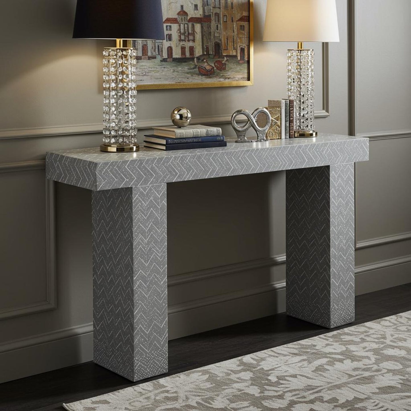 Handcrafted Gray Chevron Bone Inlay Console Table | Elegant Living Room Furniture - Hansa Handicraft