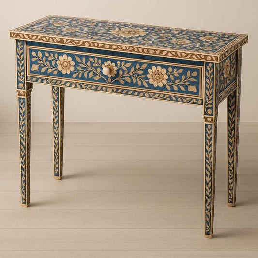 Bone Inlay Console Table – Blue Floral Pattern - Hansa Handicraft