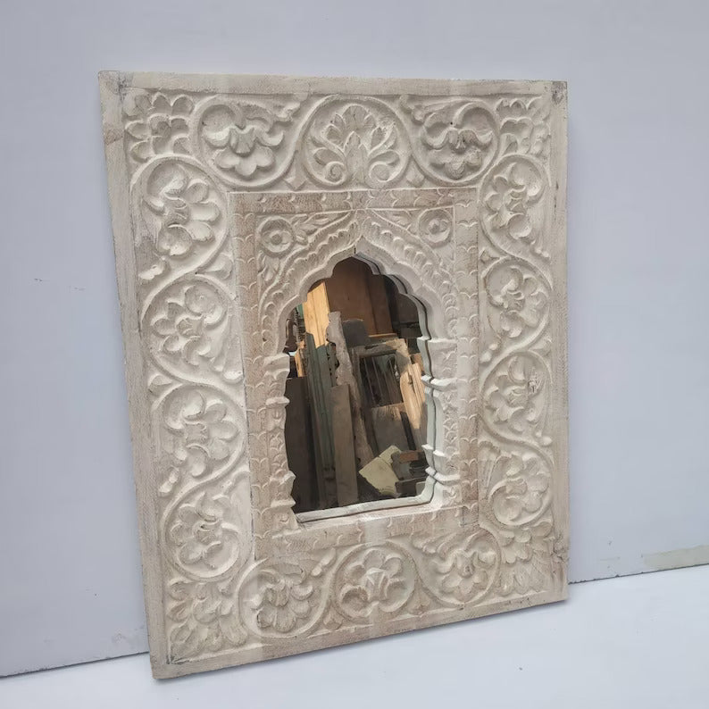 Indian Carved Wooden Temple Wall Mirror Frame (Indian Mirror) , gifts for home.