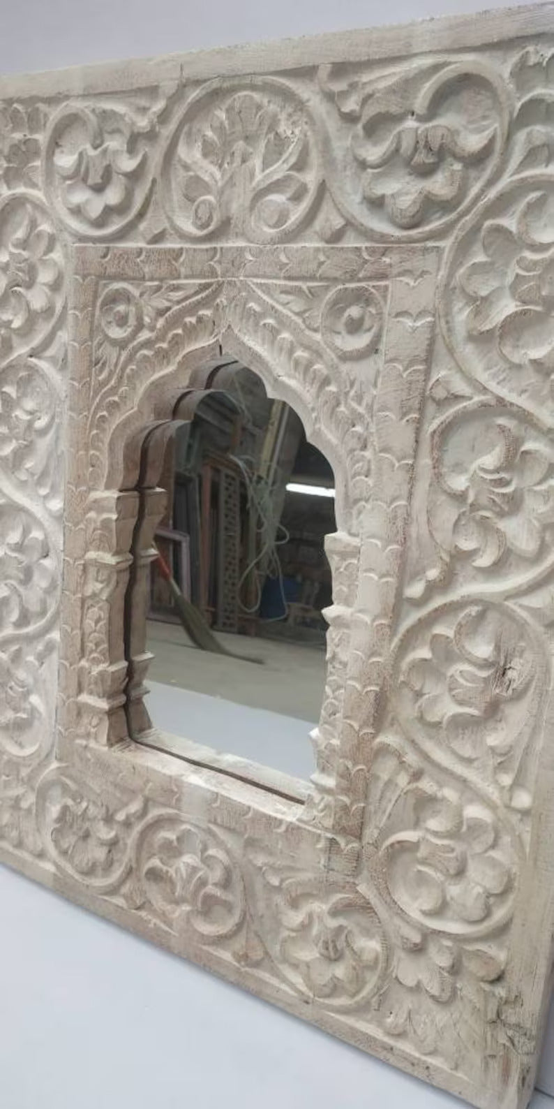 Indian Carved Wooden Temple Wall Mirror Frame (Indian Mirror) , gifts for home.