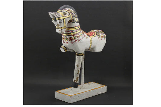 Vintage Wooden Decorative Horse Sculpture | White Painted Horse statue on Iron Stand Flat Wooden Base | Rare Indian Collectible with Patina - Hansa Handicraft