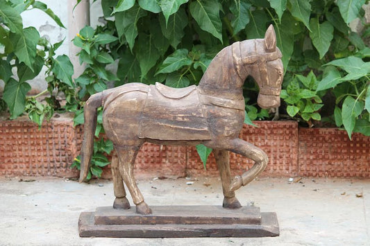 Large Vintage Wooden Decorative Horse Sculpture | Natural antique wooden Horse on Flat Wooden Base | Rare Indian Collectible with Patina - Hansa Handicraft