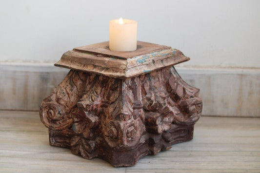 Candle Holder Vintage Indian Antique Hand carved Wooden Architectural Salvage Heavy Base Candle Stand | Floral engraved Old Collectible - Hansa Handicraft