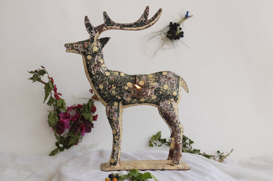 Candle Stand Christmas and festive deer candle stand for décor | Vintage Metallic Deer Décor with Distress Finish Reindeer Tea light - Hansa Handicraft