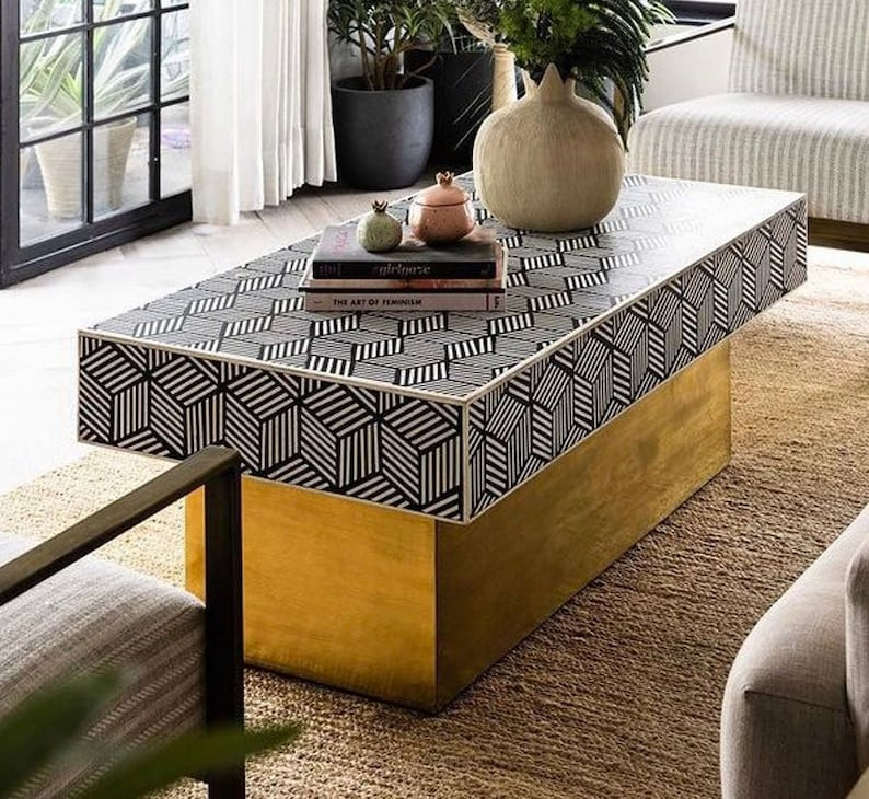 Bone Inlay Rectangle Coffee Table Design With Iron Legs