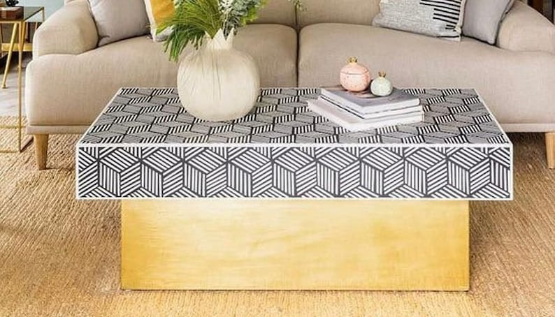 Bone Inlay Rectangle Coffee Table Design With Iron Legs