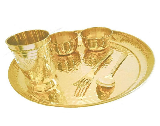 Pure Brass Hammered Design 6 Pieces Dinner Set(Thali Set of 1 Plate, 1 Glass, 1 Spoon, 1 Small Plate & 2 Bowls) Color- Gold, NEW Dinnerware - Hansa Handicraft