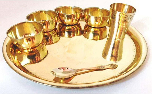 Pure Brass Luxury Plain Dinner Set, Brass Thali Set | Dinner Set | Plain Design | 14 Inch Thali | 7 Pieces Set , ( 900 Grams), Set of 7 - Hansa Handicraft