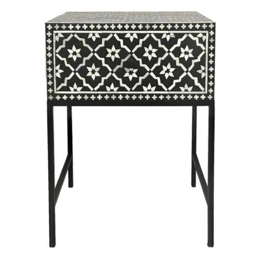 Handmade Bone Inlay Modern Floral Pattern Bedside Table with 1 Drawer for Home and Office Decor - Hansa Handicraft