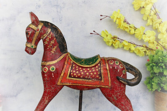 Red Horse Figurine on Stand Hand Painted Horse Statue Rare Indian Collectible with Patina Home Décor Vintage Wooden Decorative - Hansa Handicraft
