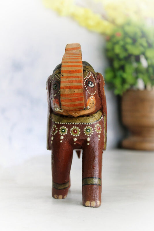 Vintage Antique Wooden Brown Elephant Beautiful Hand Painted | Old Vintage Antique Animal Figurine for Home Decor, Old Unique Collectible - Hansa Handicraft