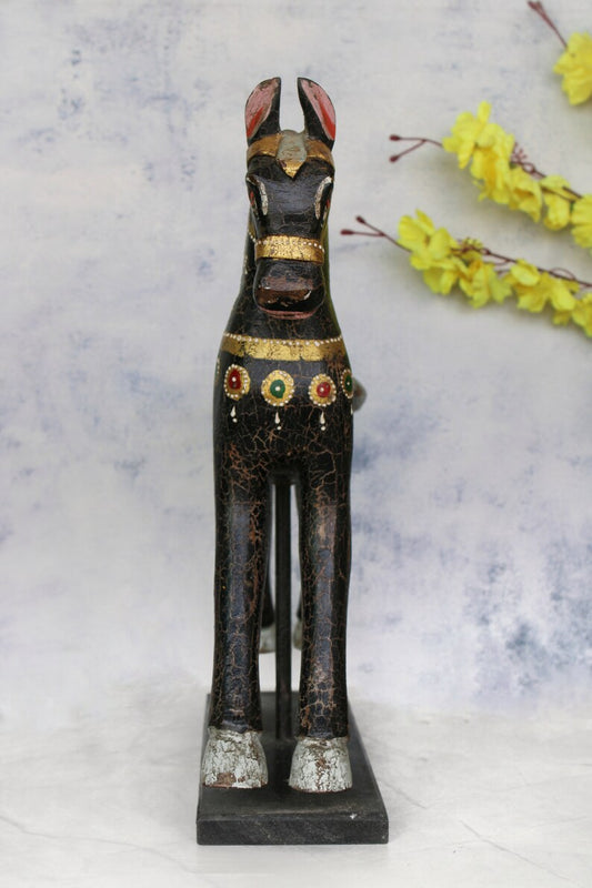 Vintage Wooden Decorative Black Horse Figurine on Stand | Hand Painted Horse Statue | Rare Indian Old Collectible with Patina | Home Decor - Hansa Handicraft