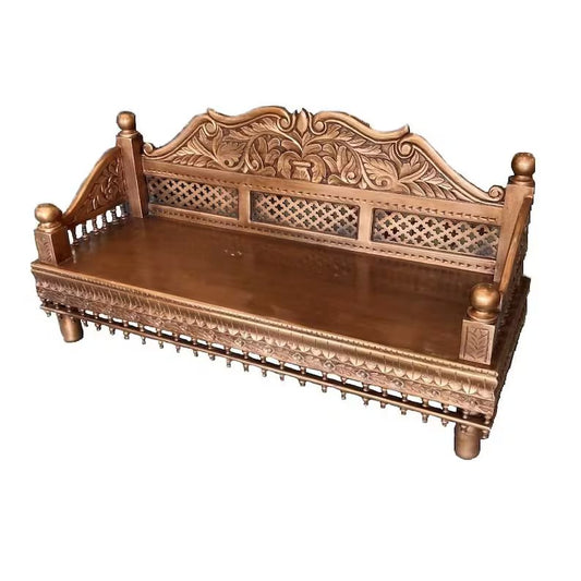 Wooden sofa Three seater Indian wooden carved sofa with cushion - Hansa Handicraft