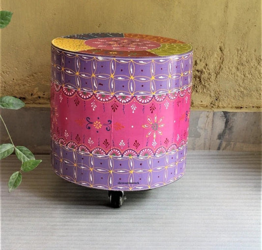 Wooden Handicraft Coffee Table, Beautiful Painted Nightstand Table, Sitting Stool For Living Area, Side Table With Rotating Wheels - Hansa Handicraft