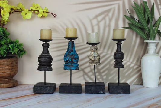 Vintage Wooden Candle Holders on Iron Stand, Colourful antique one of a kind candle stands, with beautiful patina - Hansa Handicraft