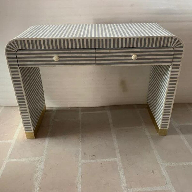 Bone Inlay Wooden Modern Waterfall / stripped pattern console table with 2 drawer