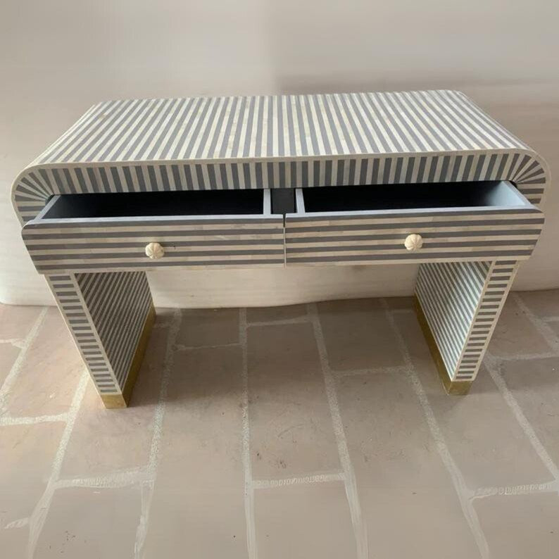 Bone Inlay Wooden Modern Waterfall / stripped pattern console table with 2 drawer