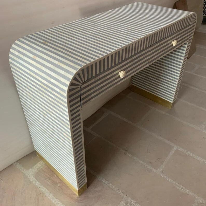 Bone Inlay Wooden Modern Waterfall / stripped pattern console table with 2 drawer