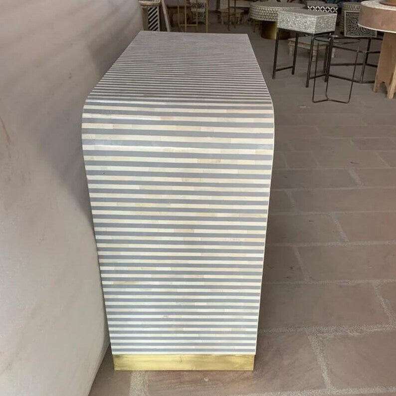 Bone Inlay Wooden Modern Waterfall / stripped pattern console table with 2 drawer
