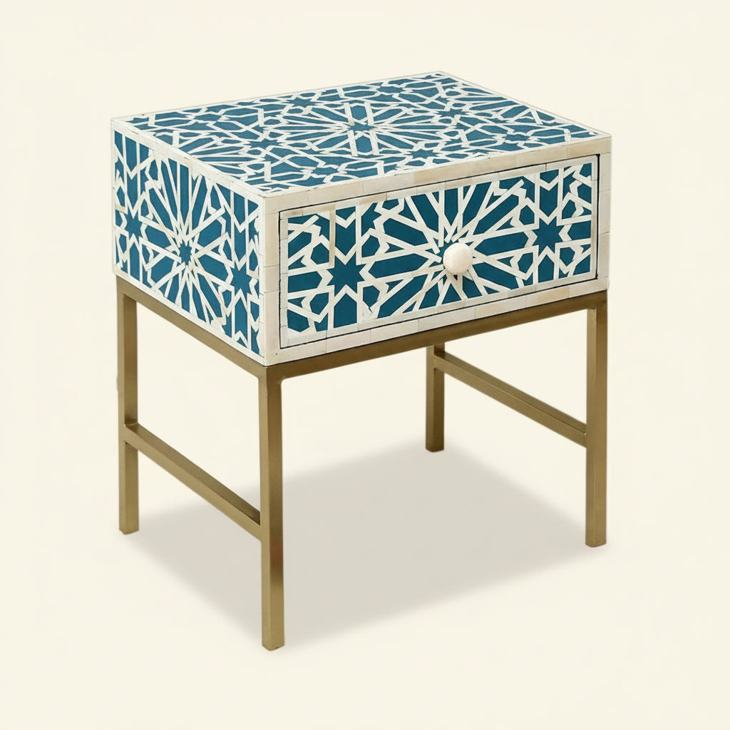 Handmade Bone Inlay Modern Geometric Star Pattern Bedside Table with 1 Drawer for Home and Office Decor - Hansa Handicraft