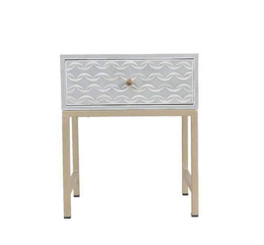 Handmade Bone Inlay Modern Sea Wave Pattern Bedside Table with 1 Drawer for Home and Office Decor - Hansa Handicraft